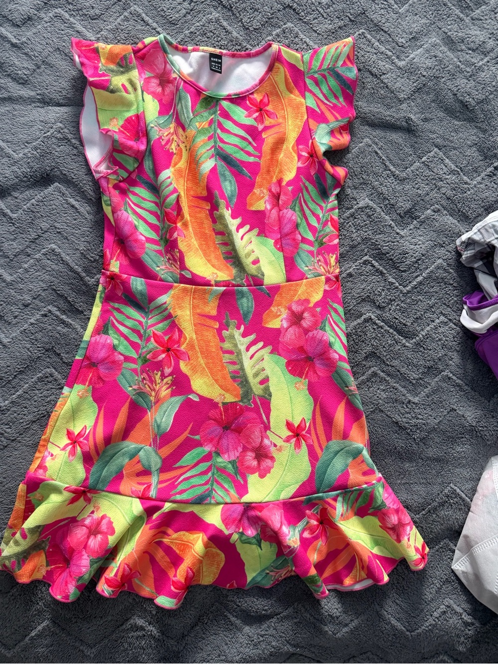 SHEIN Pink Tropical Floral Ruffle Dress